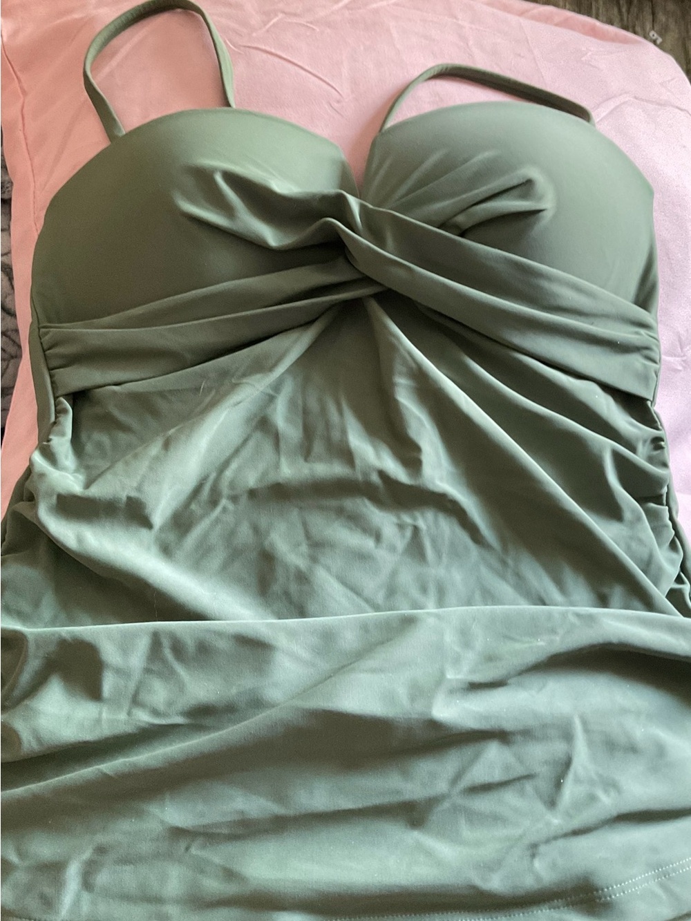 Cupshe Sage Green Twist Front Tankini Swimsuit,Ruched Tummy Control. Size Medium - Picture 5 of 6